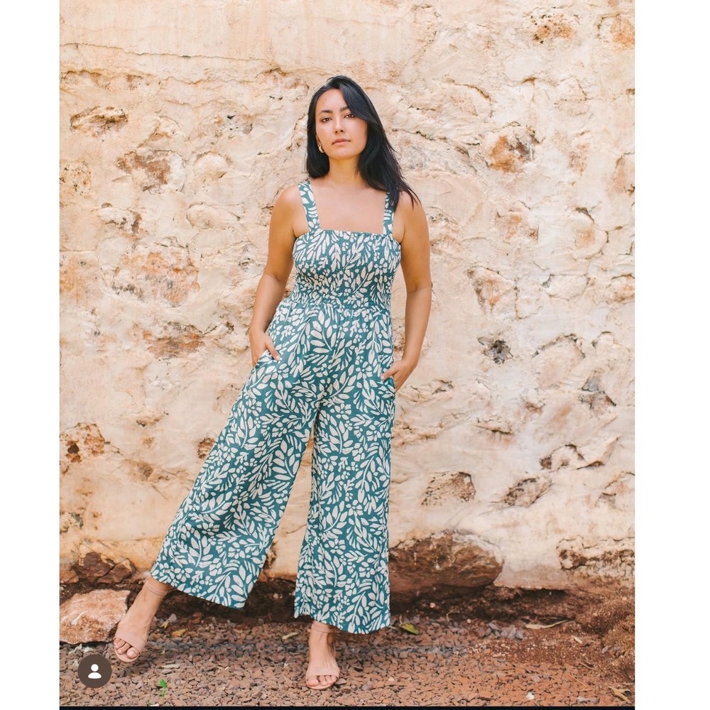 YIREH Teal Tropical Leaf Smocked Wide Leg Jumpsuit with Tie Straps Women Small